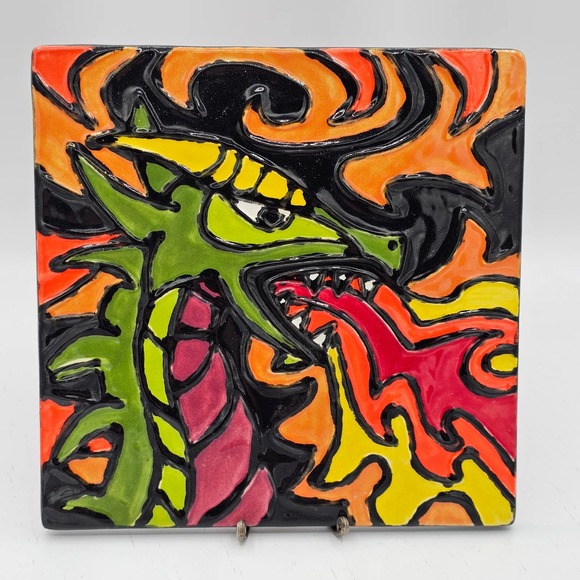 Studio Pottery Hand Painted Fire Eating Green Dragon Ceramic Tile Art 6-3/8 2022 - Picture 4 of 6